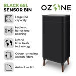 Tower Ozone Sensor Trash Can with Support Legs, 65L, Hands-Free Open, Carbon Filter, Black T938022BLK